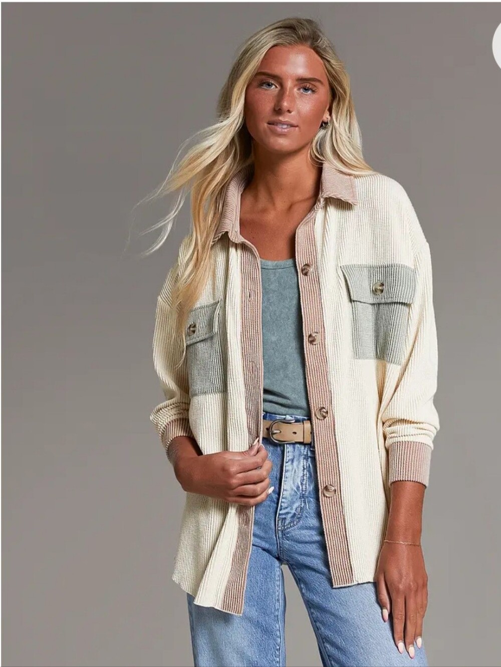 BKE Cream & Tan Colorblock Ribbed Button Boyfriend Shirt Size S Small The Buckle